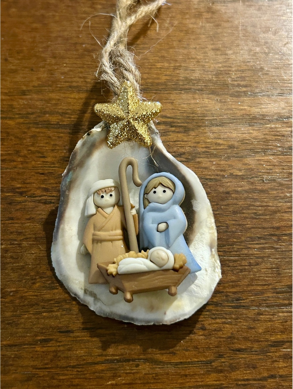 Handmade Nativity Scene Ornament on Oyster Shell with Twine Hanger